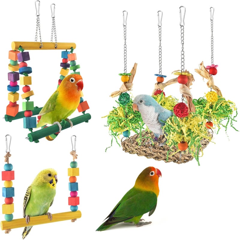 DBNESS Bird Hammock Toys Parakeet Perches Swing, 3in1 Detachable Parrot Cage Accessories, Wooden Hanging Chew Toys for Medium Conure Cockatiel Quaker Lory - Image 1